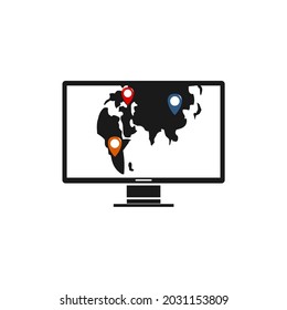 earth inside computer with three navigation icons inside