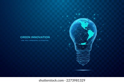 Earth inside a light bulb. Abstract Western hemisphere in blue. Digital Globe in polygon, lines and transparent shapes on dark background. Vector low poly wireframe illustration.
