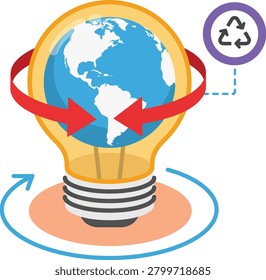 Earth inside a light bulb with recycling symbol and circular arrows