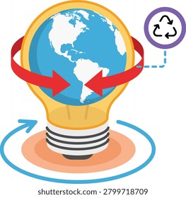 Earth inside a light bulb with recycling symbol and circular arrows