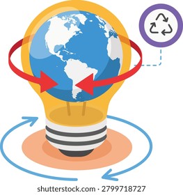 Earth inside a light bulb with recycling symbol and circular arrows