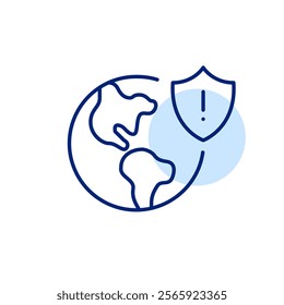 Earth and insurance shield with exclamation mark. Global risk alert, environmental hazard. Pixel perfect, editable stroke icon