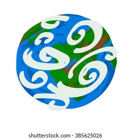 The Earth, isolated on a white background, with many vortexes on it, drawn in bright colors