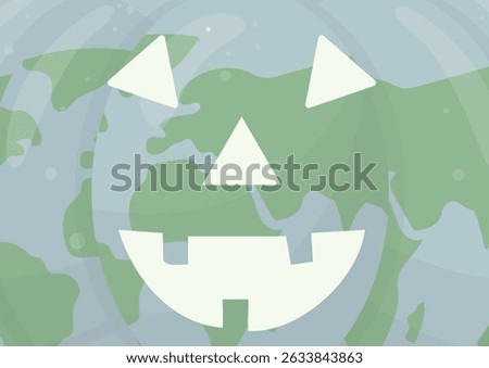 Earth Jack-O'-Lantern Close-Up Halloween Background Design. Earth-themed pumpkin face with continents. sustainable Halloween promotions. Eco-friendly halloween concept. Vector illustration