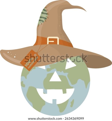 Earth Jack-o'-Lantern with Recyclable Witch Hat isolated on transparent background. Halloween themes with environmental consciousness and global sustainability. Flat style. Vector illustration