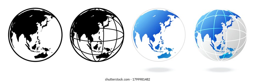 Earth Japan Global Design Vector Icon Set Blue and Monochrome