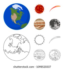 Earth, Jupiter, the Sun of the Planet of the Solar System. Asteroid, meteorite. Planets set collection icons in cartoon,outline style vector symbol stock illustration web.
