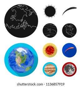 Earth, Jupiter, the Sun of the Planet of the Solar System. Asteroid, meteorite. Planets set collection icons in black, flat style vector symbol stock illustration web.