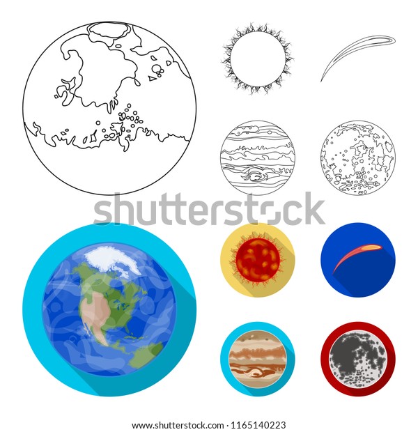 Earth, Jupiter, the\
Sun of the Planet of the Solar System. Asteroid, meteorite. Planets\
set collection icons in outline,flat style vector symbol stock\
illustration web.