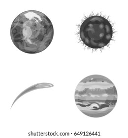 Earth, Jupiter, the Sun of the Solar System. Asteroid, meteorite. Planets set collection icons in monochrome style vector symbol stock illustration web.