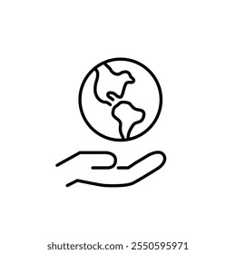 Earth keeper. Hand and globe. Preserving natural resources, unity in environmental care. Pixel perfect vector icon