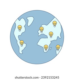 Tierra con lámparas en los continentes. La propagación de la luz o la electricidad en los países del planeta. Esfera. Imagen de color con contorno - azul y amarillo. Aislado. Ilustración del vector