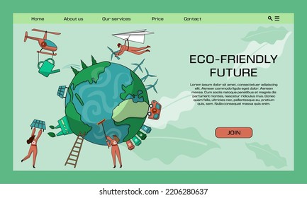 Earth landing page. Eco friendly world. Website design. Garbage recycle and renewable electricity generation. Green planet environment. Nature and ecology infographic. Vector concept
