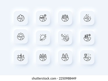 Earth landscapes set icon. Nature, windmills, sun, castle, antenna, forest, mountains, moon, factory, truck, sunset, dawn, open space, signal, ecology, planet with ring, saturn. Society. Neomorphism