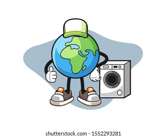 Earth laundry man cartoon. Mascot Character vector.