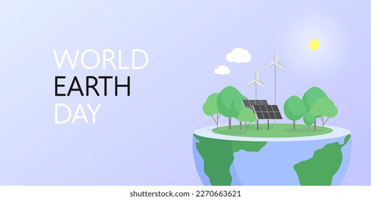 Earth layer with solar panels, windmills and forest on a blue background. Horizontal banner for World Earth Day.