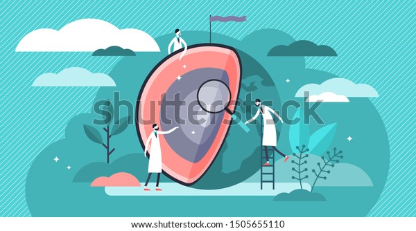 Earth layers vector illustration. Flat tiny globe\
research person concept. Abstract core, mantle, crust and\
lithosphere geological examination and inner section structure\
exploration with planet\
model