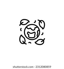 Tierra con hojas alrededor. Icono de línea de vector blanco y negro con tema de energía ecológica verde