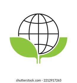 Diseño de iconos de la Tierra y la hoja. concepto de planeta de tierra verde, icono, ecología mundial, protección de la naturaleza global, logotipo ambiente ecológico, globo con hojas, aislado en fondo blanco