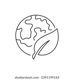 Earth and leaf icon line style isolated on white background. Vector illustration