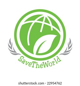 Earth and leaf icon symbol logo. Save the world title logo.