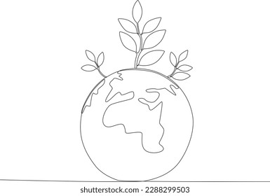 Earth and a leaf on it. World environment day one-line drawing