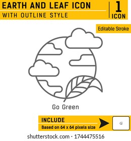 earth and leaf premium icon with outline style isolated on white background. Vector illustration design template for graphic, web design, mobile app, UI, UX, logo, go green and print. Editable stroke