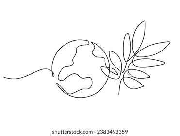 Earth with leaves one line drawing. Vector illustration isolated. Minimalist design handdrawn.