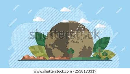 Earth with leaves, trees, mountains, clouds, rain, sun rays in the background. Ideal for concepts related to environment, climate change, sustainability, conservation, nature. Simple flat style