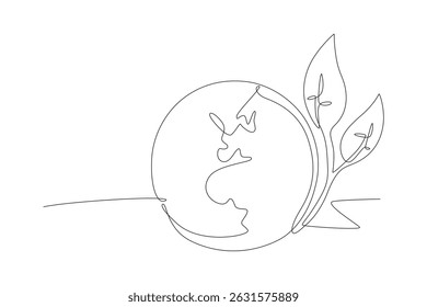 Earth and leaves. World environment day concept one-line drawing