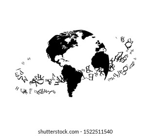 Earth with letters flying around. Vector decoration from scattered elements. Monochrome isolated silhouette. Conceptual illustration.