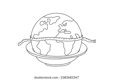 The earth lies in a plate. A centimeter is wrapped around the Planet. Eating disorder. Intrusive measurement of body parameters. World Eating Disorders Action Day. Vector illustration.