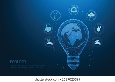 Earth in light bulb. Digital technology for environment. Ecology is using natural energy to care for the Earth. Renewable energy and sustainable resources with icons. Vector illustration.