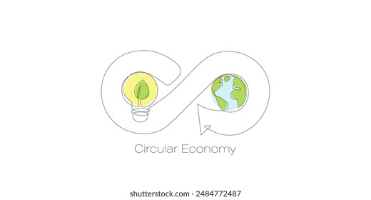 Earth and Light Bulb in infinite loop symbol Circular economy concept. Continuous line art drawing. Ecology and Environment concept. Line art vector illustration.