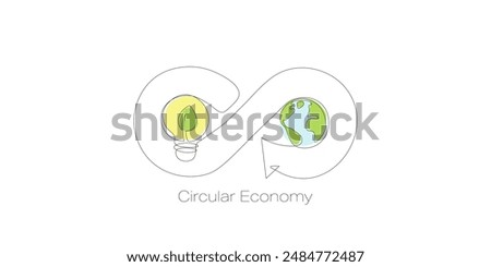 Earth and Light Bulb in infinite loop symbol Circular economy concept. Continuous line art drawing. Ecology and Environment concept. Line art vector illustration.