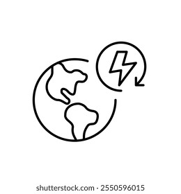 Tierra y rayo en flecha Renovar. Energía limpia, fuentes renovables para una economía sostenible. Icono de Vector perfecto de píxeles
