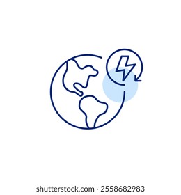 Earth and lightning in renew arrow. Sustainable living, environment conservation and protection. Pixel perfect, editable stroke icon