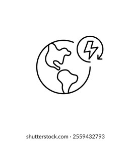 Earth and lightning in renew arrow. Sustainable living, environment conservation and protection. Pixel perfect vector icon