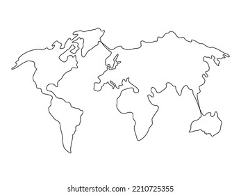 Continentes de arte continuo de la línea terrestre. Mapa lineal del mapa mundial. Vector aislado en blanco.