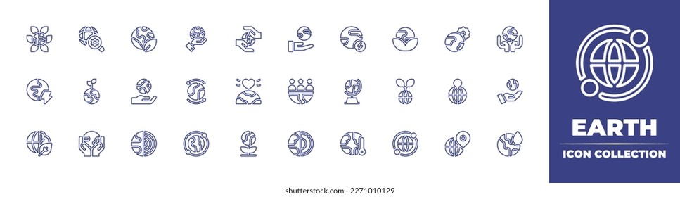 Colección de iconos de la línea terrestre. Trazo editable. Ilustración vectorial. Conteniendo el mundo, la tierra, la energía geotérmica, la bomba, la sostenibilidad, la nube, el planeta, la ecología, la protección del medio ambiente, el calentamiento del planeta.