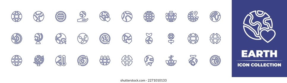 Colección de iconos de la línea terrestre. Trazo editable. Ilustración vectorial. Conteniendo global, planeta, globo, planeta, planeta, madre tierra, mundo, corporación, geolocalización, radar, geología, geografía, tierra.