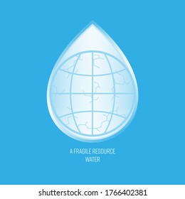 Earth line icon on water drop shape background, crack land symbol representing drought and as a gimmick of fragile water resource. Vector illustration outline flat design style.