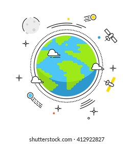 Earth liner flat design. Planet in space with lines space satellites, comets, Moon icons. Illustration for banners, catalogs, infographics. Earth day icon isolated on white background  - stock vector