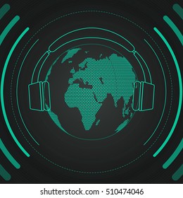 Earth listen to music. Modern background cover for Vinyl, CD, DVD and etc. Green tint.