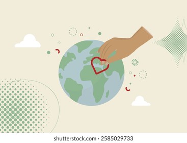 Earth Love. Environmental Protection Illustration Vector. Earth with decorative elements, hand forming heart shape, and geometric patterns on cream background. Flat style. Vector illustration