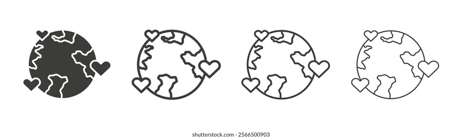 Earth love heart icon flat and linear vector illustration on white background.