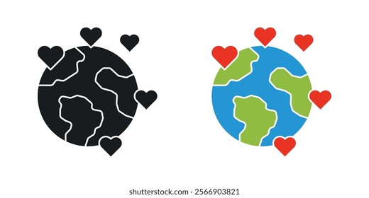 Earth love heart icon set in black and colored