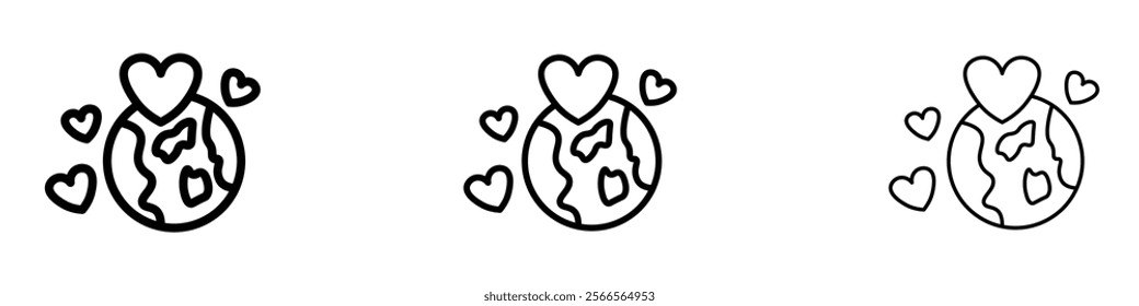 Earth love heart icon in tree different line stroke sizes.