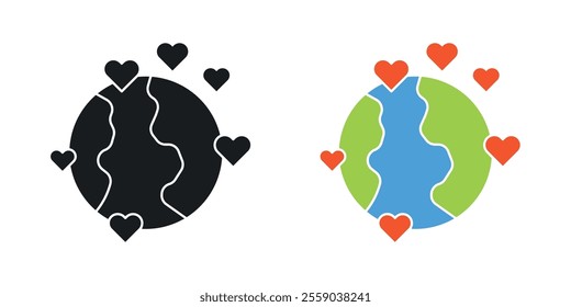 Earth love heart icons in black and colored version