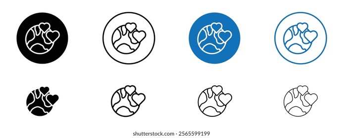 Earth love heart icons in black and blue colors